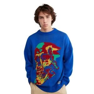NWT THE RAGGED PRIEST Sweater M Blue Skull Multicolor Graphic-Art Knit Long-Slev